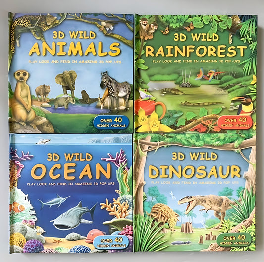 3D WILD three-dimensional book hardcover 4 volumes Ocean World Animal World Dinosaur World - kidsbooks.ae