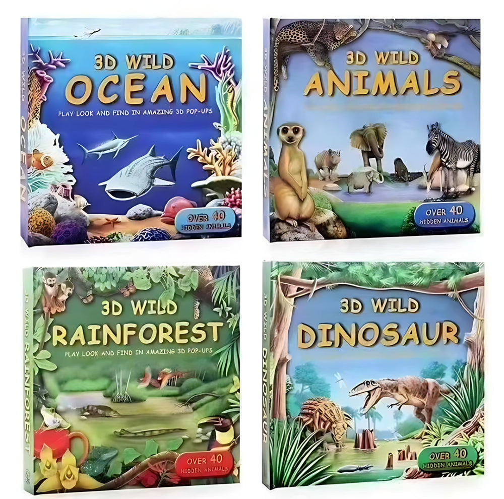 3D WILD three-dimensional book hardcover 4 volumes Ocean World Animal World Dinosaur World - kidsbooks.ae